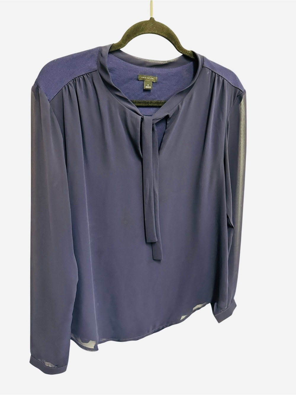 Ann Taylor navy blue sheer arm blouse with necktie detail Size S